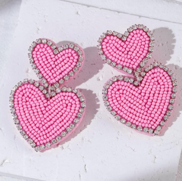 Big Double Pink Heart Beaded Rhinestone Handmade Earrings Large Hearts Statement - Picture 3 of 4